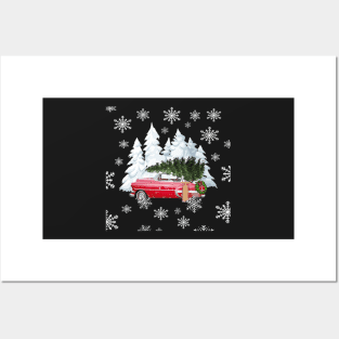 Country Christmas, Old Fashioned Red Vintage Car, Tree & Snowy Christmas Posters and Art